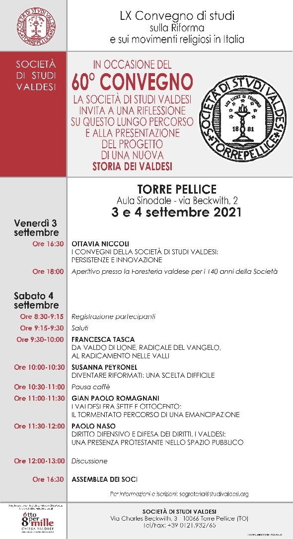 Nuova storia dei Valdesi  Torre Pellice, 3-4 settembre 2021