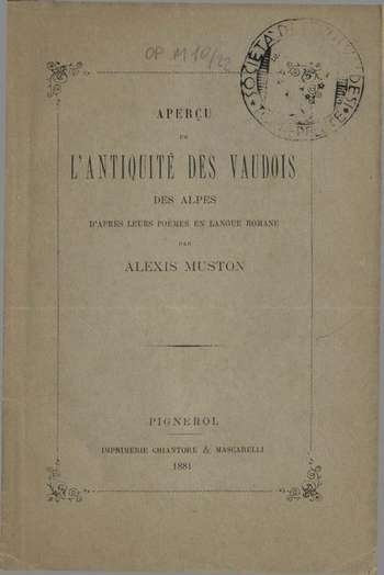 Aperçu de l'antiquité des vaudois, A. Muston