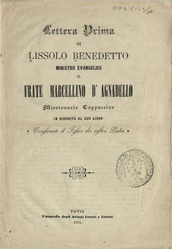 Lettera prima al frate Marcellino d'Agnadello, B. Lissolo